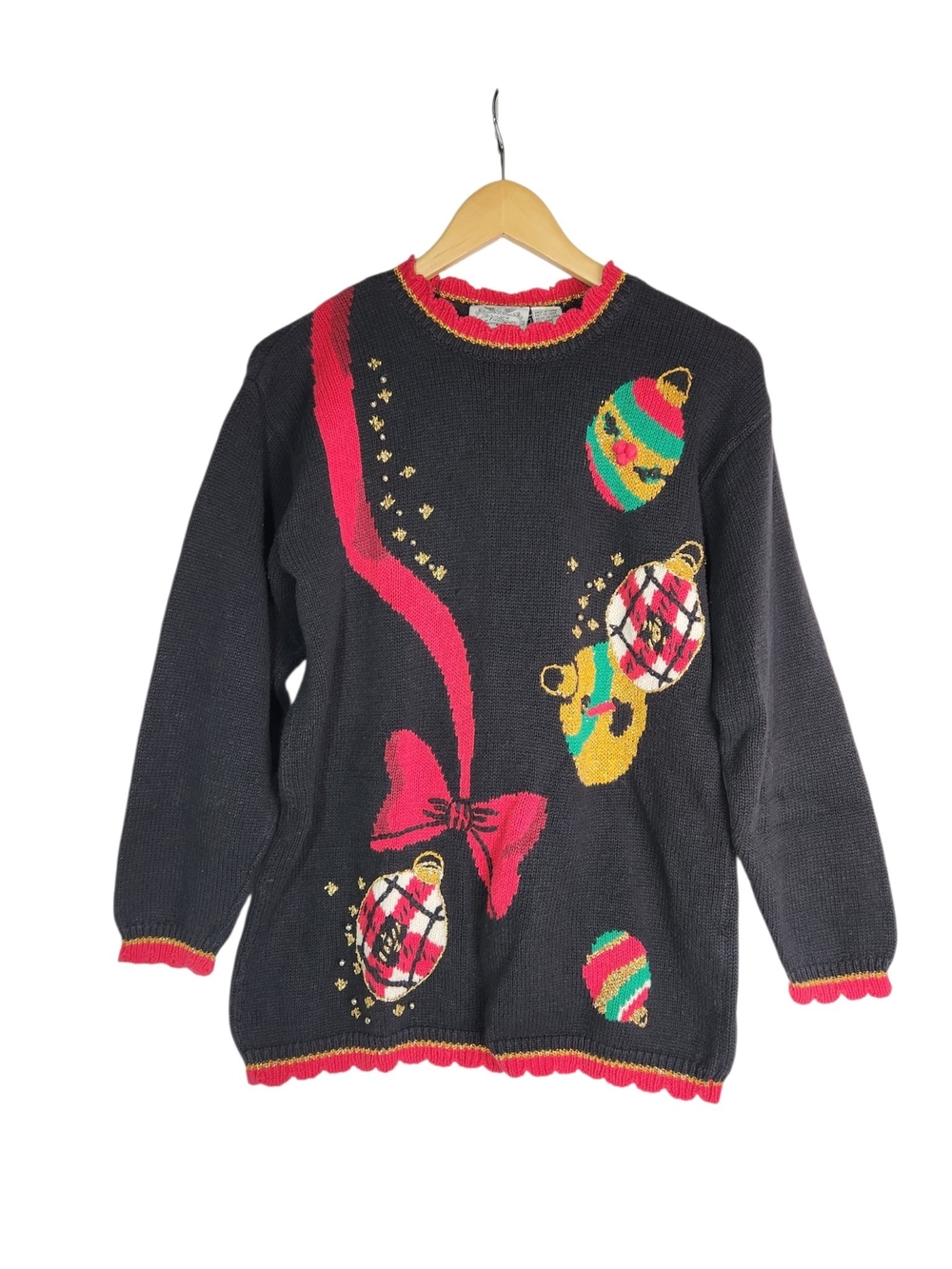 Vintage The Villager Christmas Holiday Ugly Sweater M Ornament Bow Beaded Black